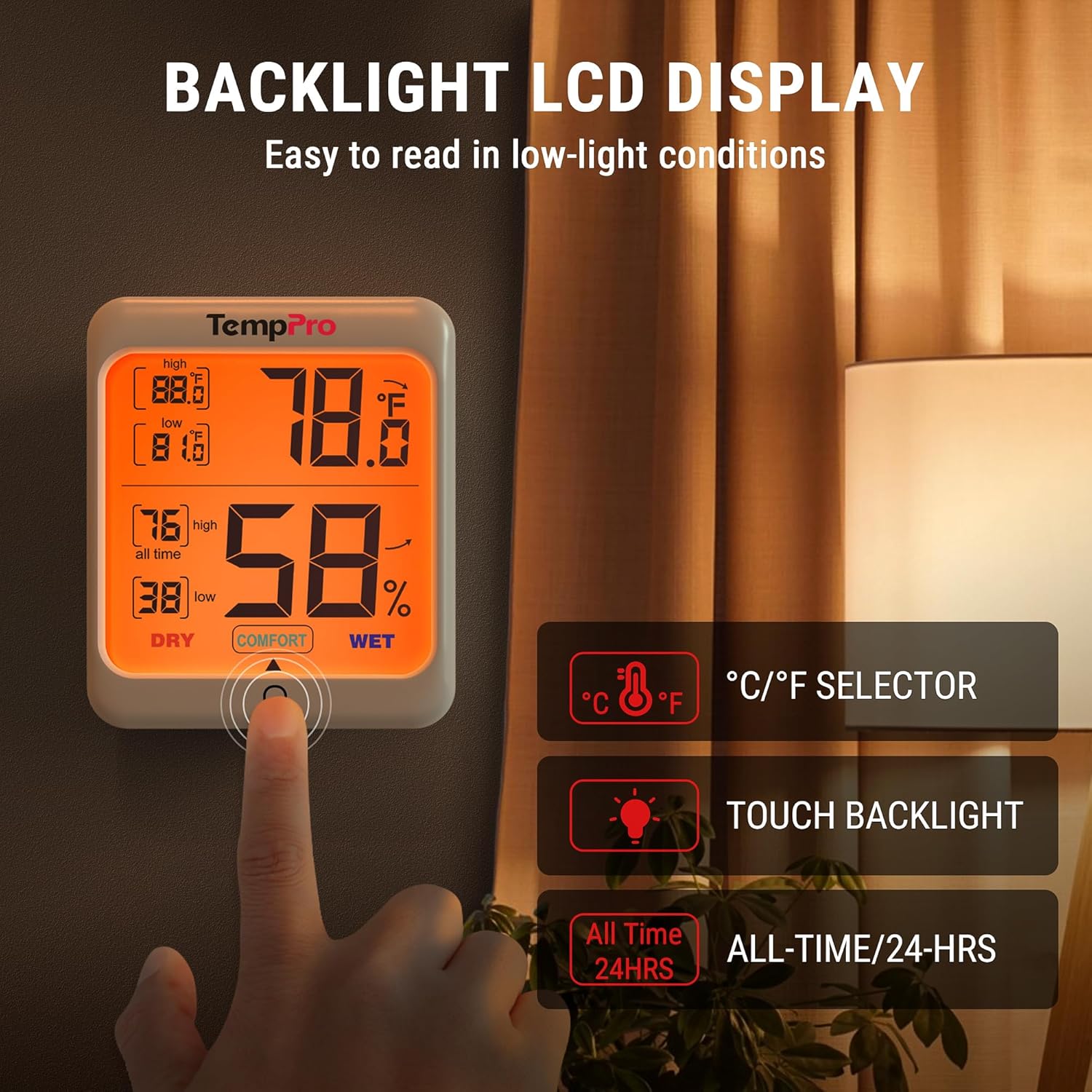 TempPro TP53 Digital Hygrometer - Indoor Thermometer with Comfort Indicator & Max/Min Records | Backlit Display