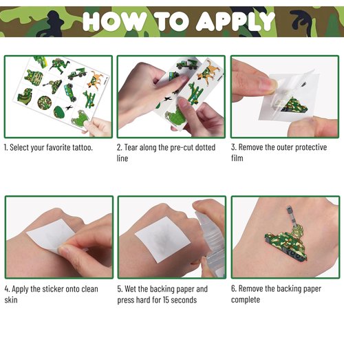 96 PCS Military Camo Pre-Cut Temporary Tattoos for Kids | Super Cute Military Themed Birthday Party Favors, Supplies, Decorations, Fake Tattoo Stickers, School Rewards & Gifts Boys & Girls, Carnival