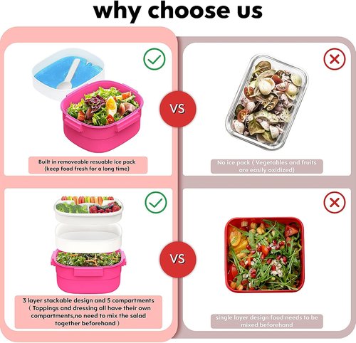 Cherrysea Salad Lunch Container - Leakproof Bento Box with Ice Pack & 4 Compartments | Pink, 1.3L
