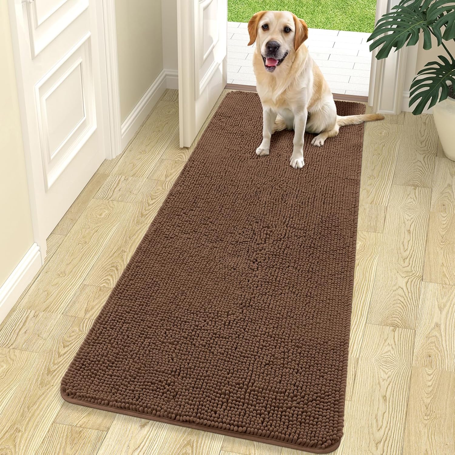 OLANLY Dog Door Mat - Absorbent Non-Slip Chenille for Muddy Paws | Quick Dry 70x24 Mocha Indoor Carpet