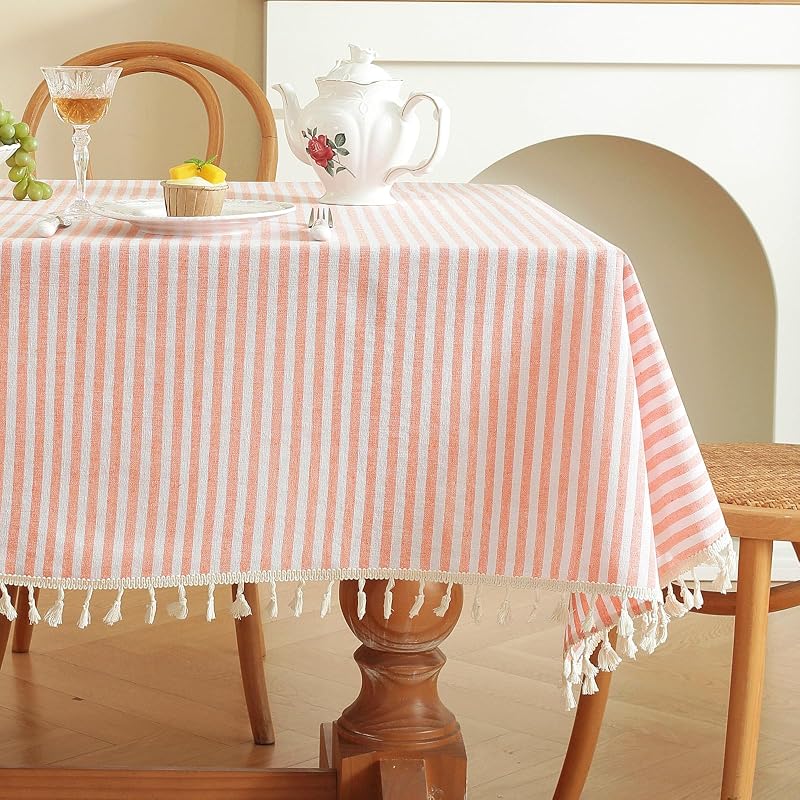 Meioro Orange & White Striped Cotton Tablecloth 39x55 Inch — Rectangular with Tassel Fringe (Variation: Bright Orange + 55x39)