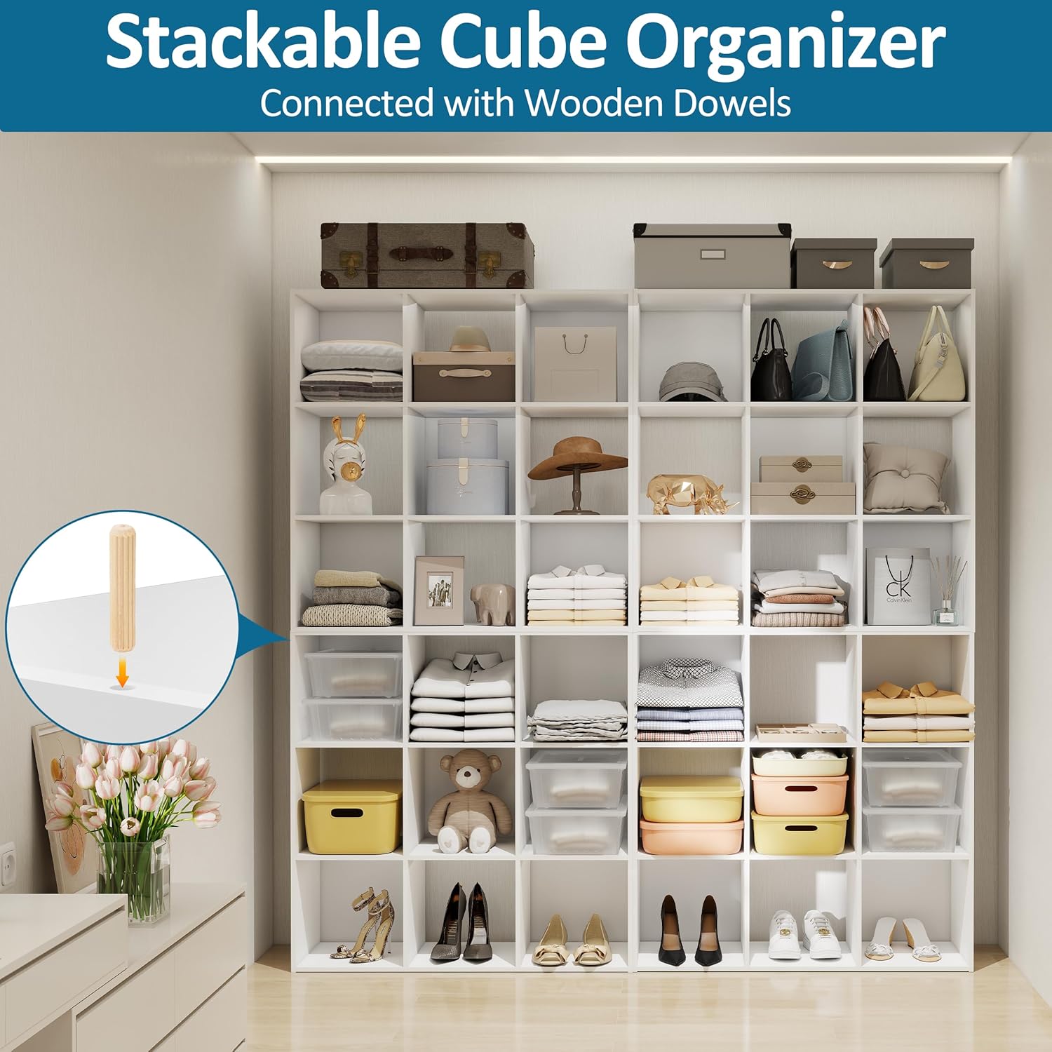 PrimeZone Stackable 9-Cube Storage Organizer - Versatile Wood Shelf for Closet & Bedroom | White Cubicle Cabinet