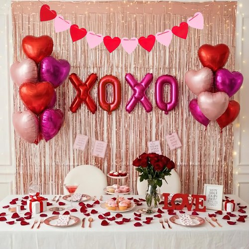 Valentine's Day Decorations Set - Red & Pink Heart Foil Balloons, XOXO Letter Balloons, Rose Gold Fringe Curtains, Heart Garland & 300 Rose Petals for Anniversary Proposal Wedding Special Night Party