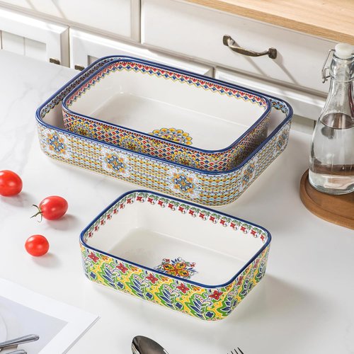 Boho Style Ceramic Baking Dishes Set of 3 | Rectangular Casserole Dishes for Oven, Roasting & Serving
