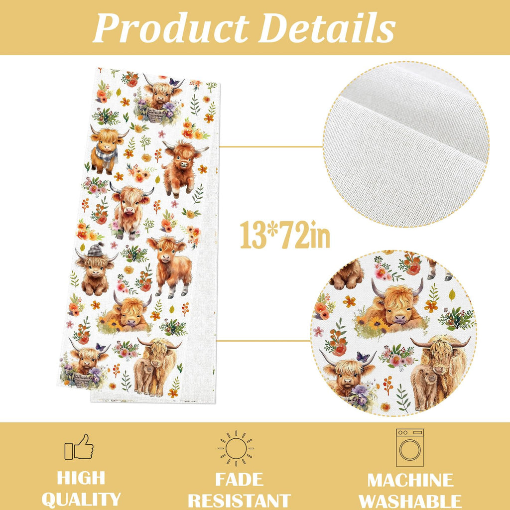 Heyfary Highland Cow Table Runner Spring Summer Fall Cowgirl Cowboy Floral Western Birthday Party Decorations Home Kitchen Dining Room Table Decor