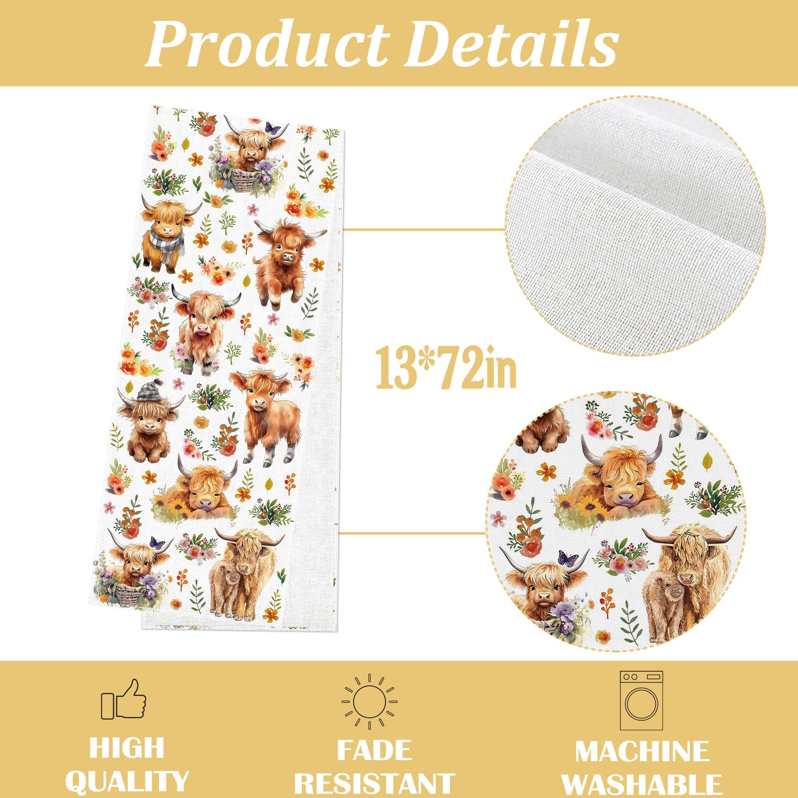 Heyfary Highland Cow Table Runner Spring Summer Fall Cowgirl Cowboy Floral Western Birthday Party Decorations Home Kitchen Dining Room Table Decor