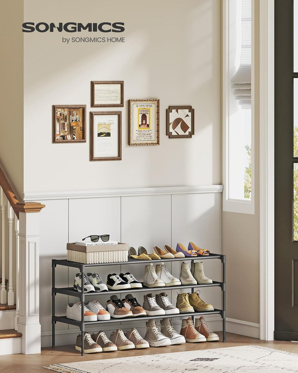 SONGMICS Shoe Rack - 3-Tier Space-Saving Organizer with Metal Frame & Non-Woven Shelves | Ink Black, 11.7 x 36.1 x 21 Inches