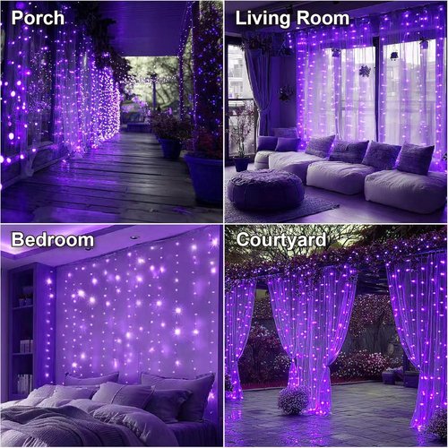 HXWEIYE 300LED Fairy Curtain Lights - 9.8x9.8Ft USB Plug-In with Remote | 8 Modes for Bedroom & Wedding Decor - Purple