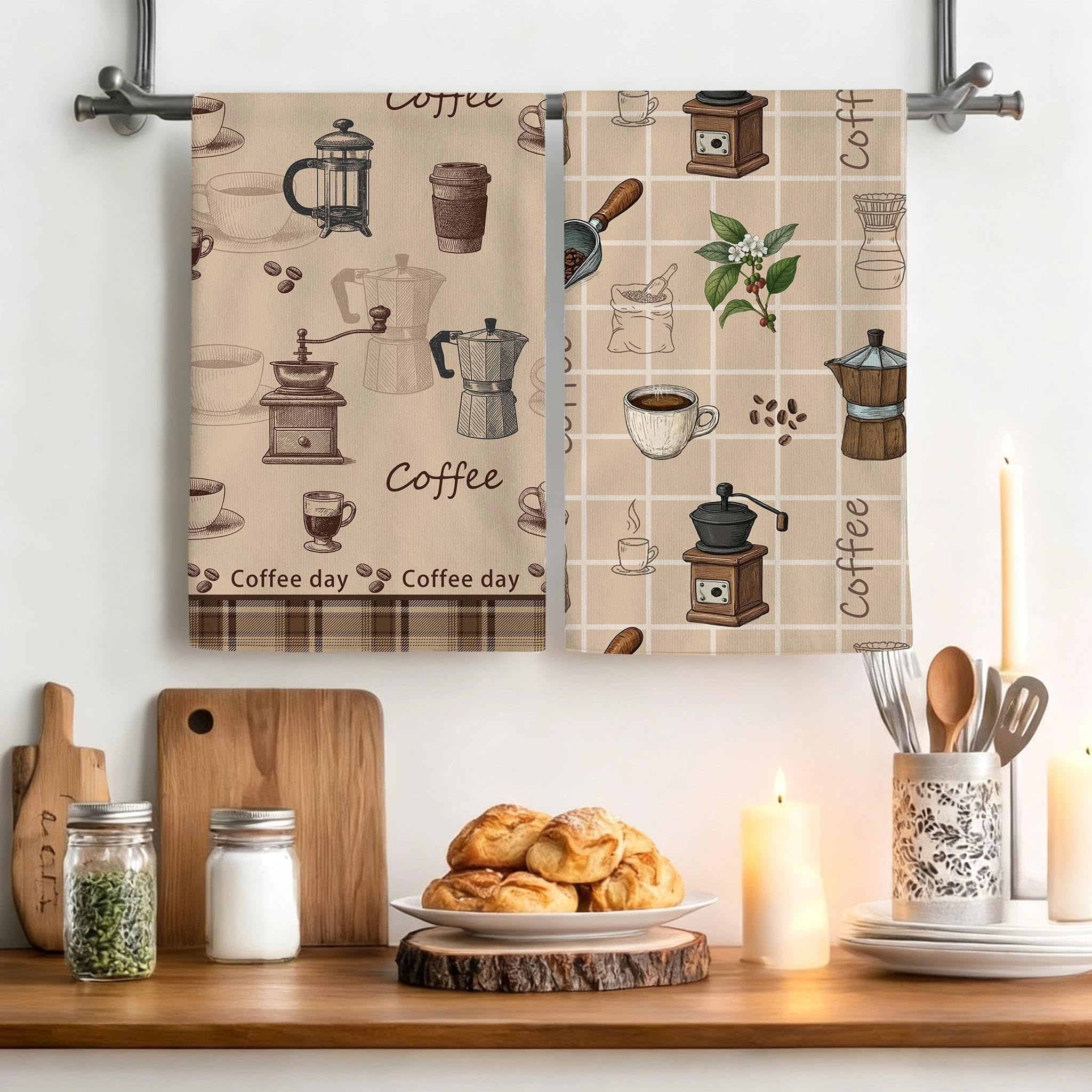 Verdiqor Vintage Coffee Kitchen Towels Decorative Set of 4, Brown Dish Towels Soft Absorbent Cute Tea Towel Hand Towel for Coffee Bar Drying Cleaning Kitchen Decor