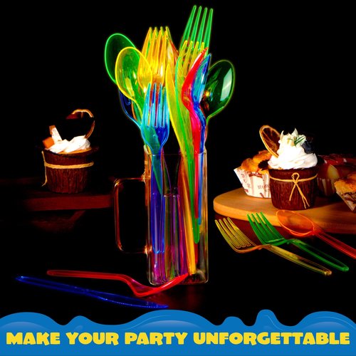 JOYIN 288 PCs Plastic Cutlery Hard Utensils for Brithday, Wedding Celebrations, Anniversary Party Favors, Fiesta Party Supplies, Luau Party, Carnivals, 6 Bright Neon Colors