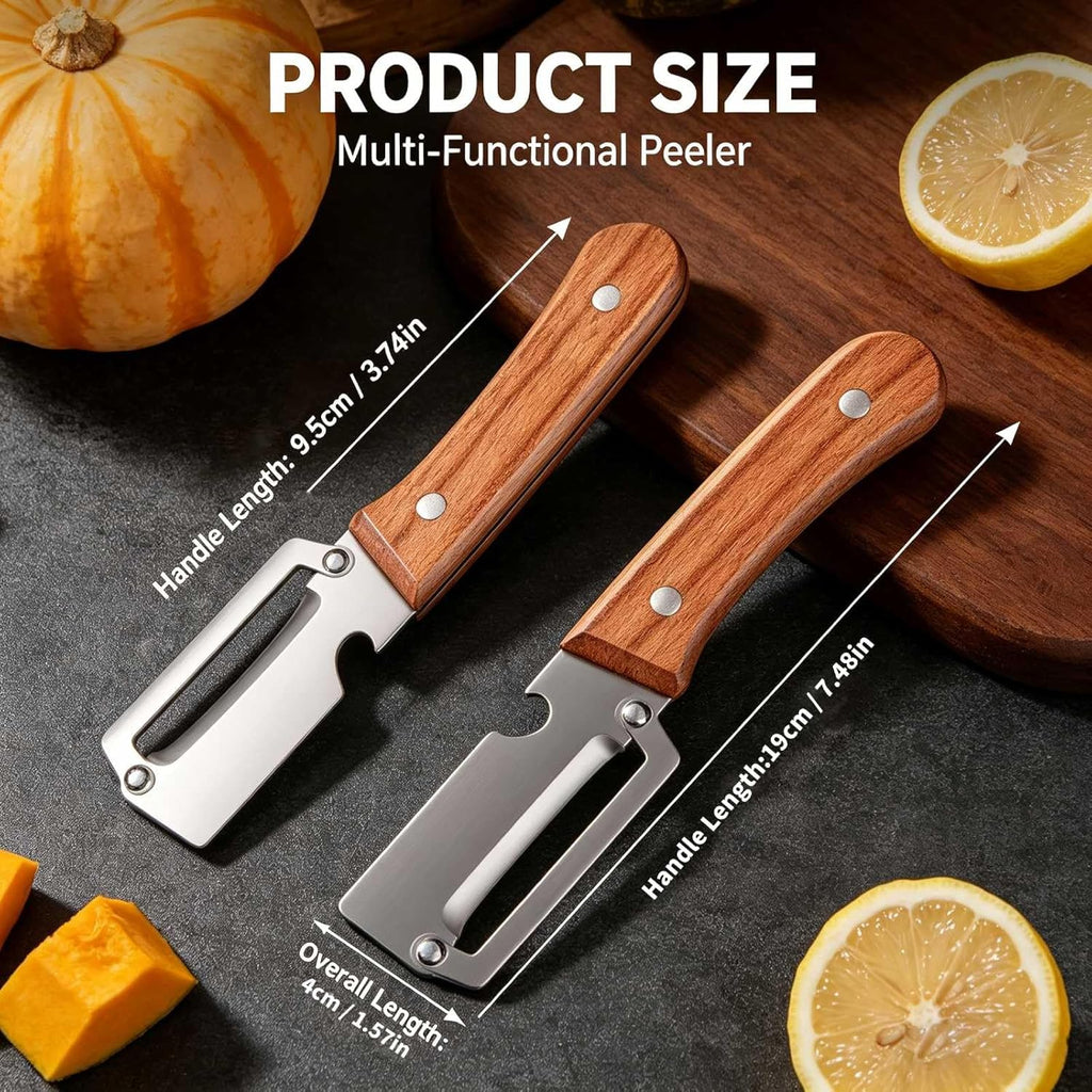 Skiennix 2-in-1 Vegetable Peeler - Multi-Functional Stainless Steel Blade with Wooden Handle | 4-Piece Set