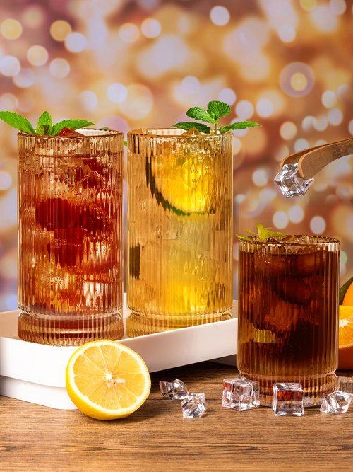 megarte Ribbed Glassware Vintage Drinking Glasses 12Pcs Set （6 Highball Glasses 16Oz And 6 Rocks Glasses 13Oz） Amber Ribbed Glass Cups For Iced Coffee, Cocktails, Juice, Beer, Everyday Drinking