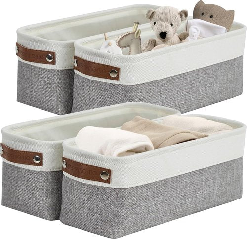 DECOMOMO Narrow Storage Bins - Small Organizing Baskets for Bathroom & Entryway | Grey & White Set of 4