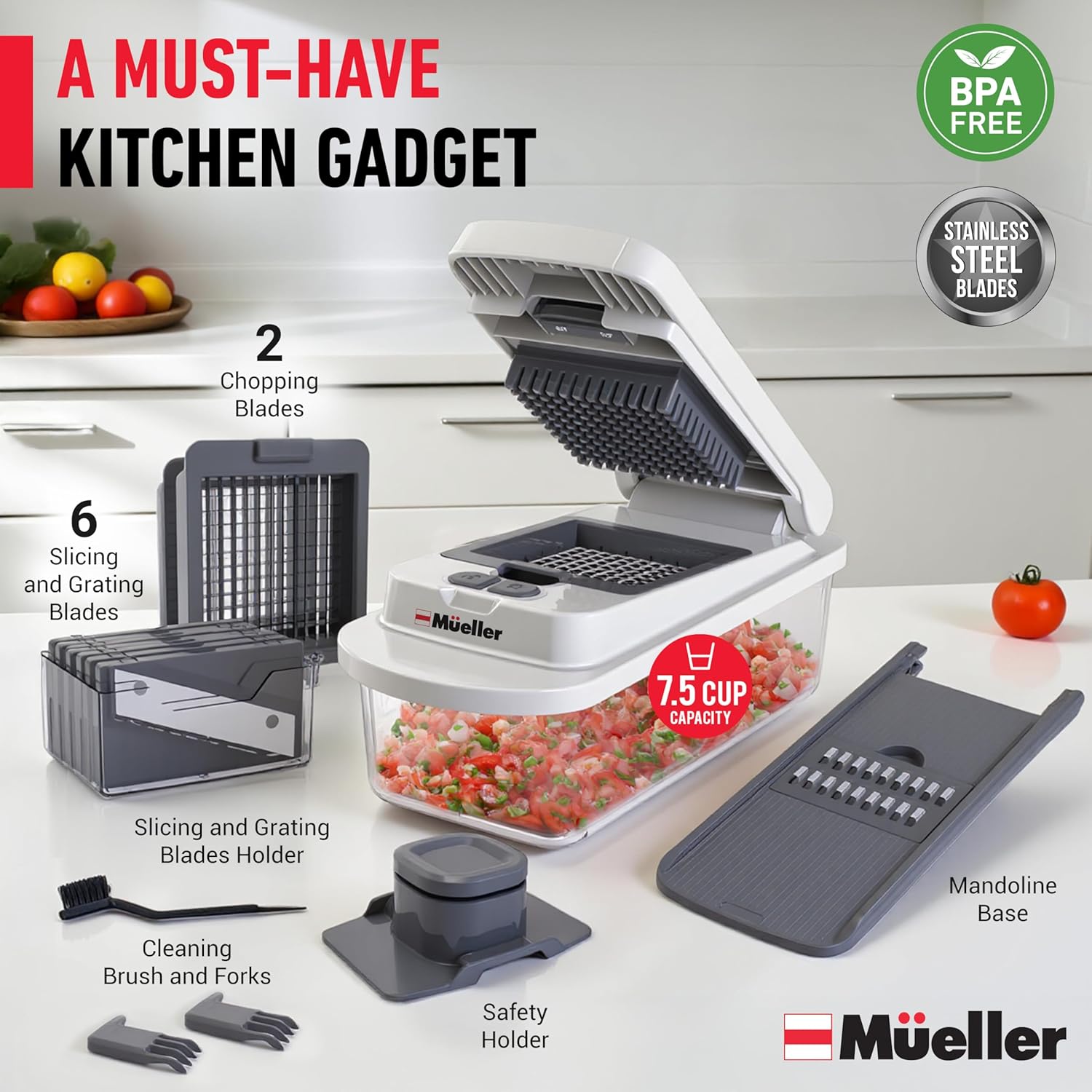 Mueller Vegetable Chopper - 10-in-1 Mandoline Slicer with 8 Blades & Container for Easy Food Prep
