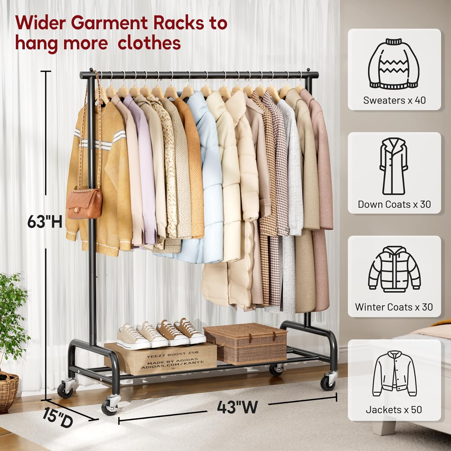Sleeping Lamb Heavy Duty Clothing Rack - 43" Wide Rolling Garment Rack with Wheels | Black Metal Hanger for Coats & Shirts
