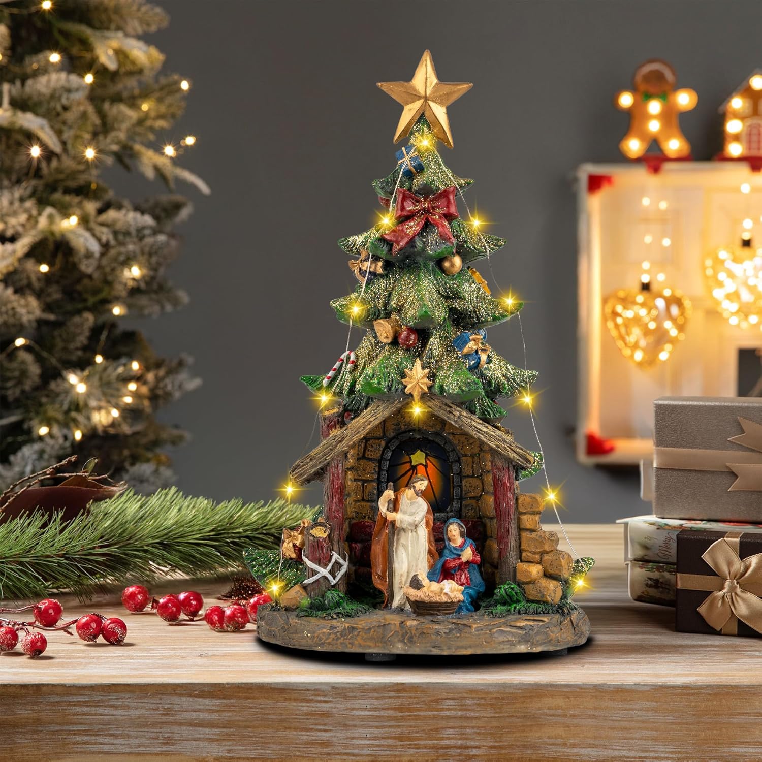 VISFLAIR 12'' Lighted Christmas Tree Nativity Scene - Musical Holy Family Figurines with LED Lights