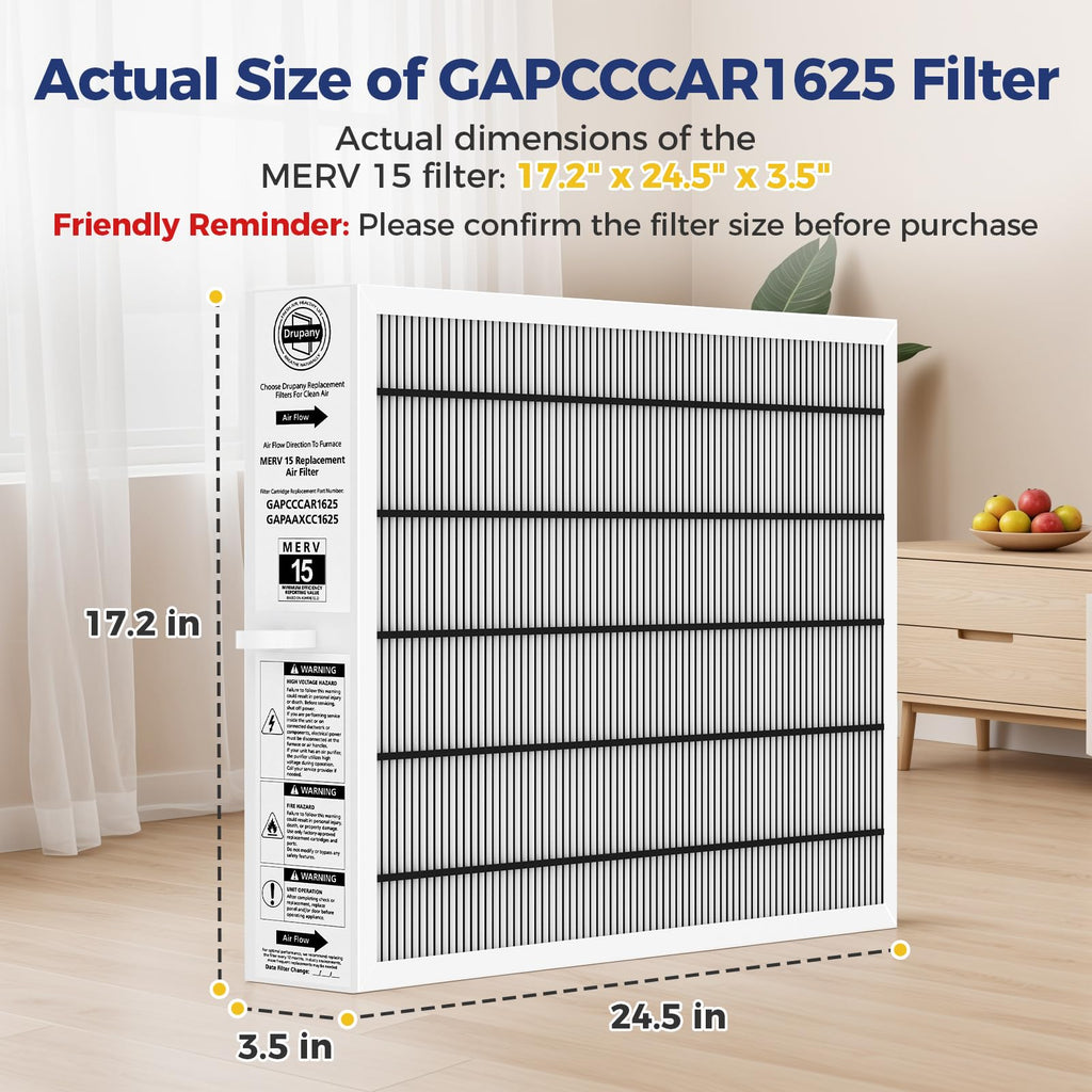 MERV 15 Replacement Filter Compatible with Carrier/Bryant GAPAAXCC1625 Infinity 16" x 25" Air Cleaner, Replaces GAPCCCAR1625, Actual Filter Size 17.2" × 24.5" × 3.5"