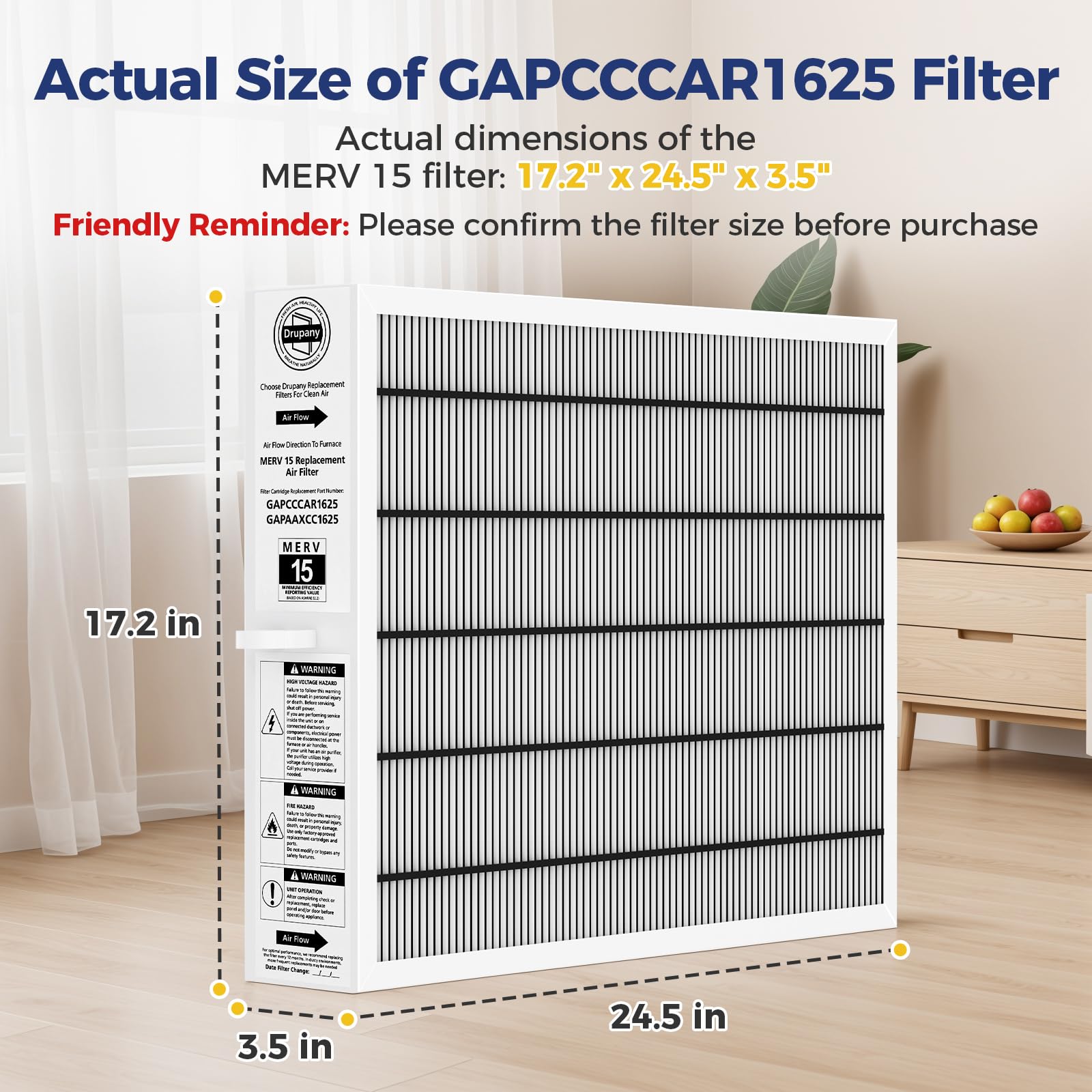 MERV 15 Replacement Filter Compatible with Carrier/Bryant GAPAAXCC1625 Infinity 16" x 25" Air Cleaner, Replaces GAPCCCAR1625, Actual Filter Size 17.2" × 24.5" × 3.5"