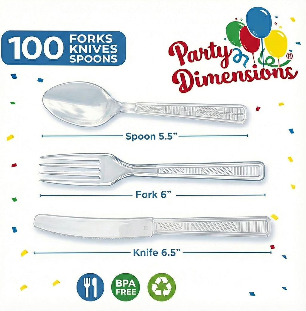 Party Dimensions Plastic Cutlery Set - 300 Count Disposable Clear Utensils | 100 Forks, 100 Spoons, 100 Knives