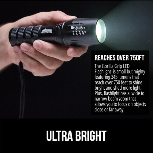 GORILLA GRIP LED Tactical Flashlight - 750 FT High Lumens, 5 Adjustable Modes, Water Resistant | 2 Pack Black