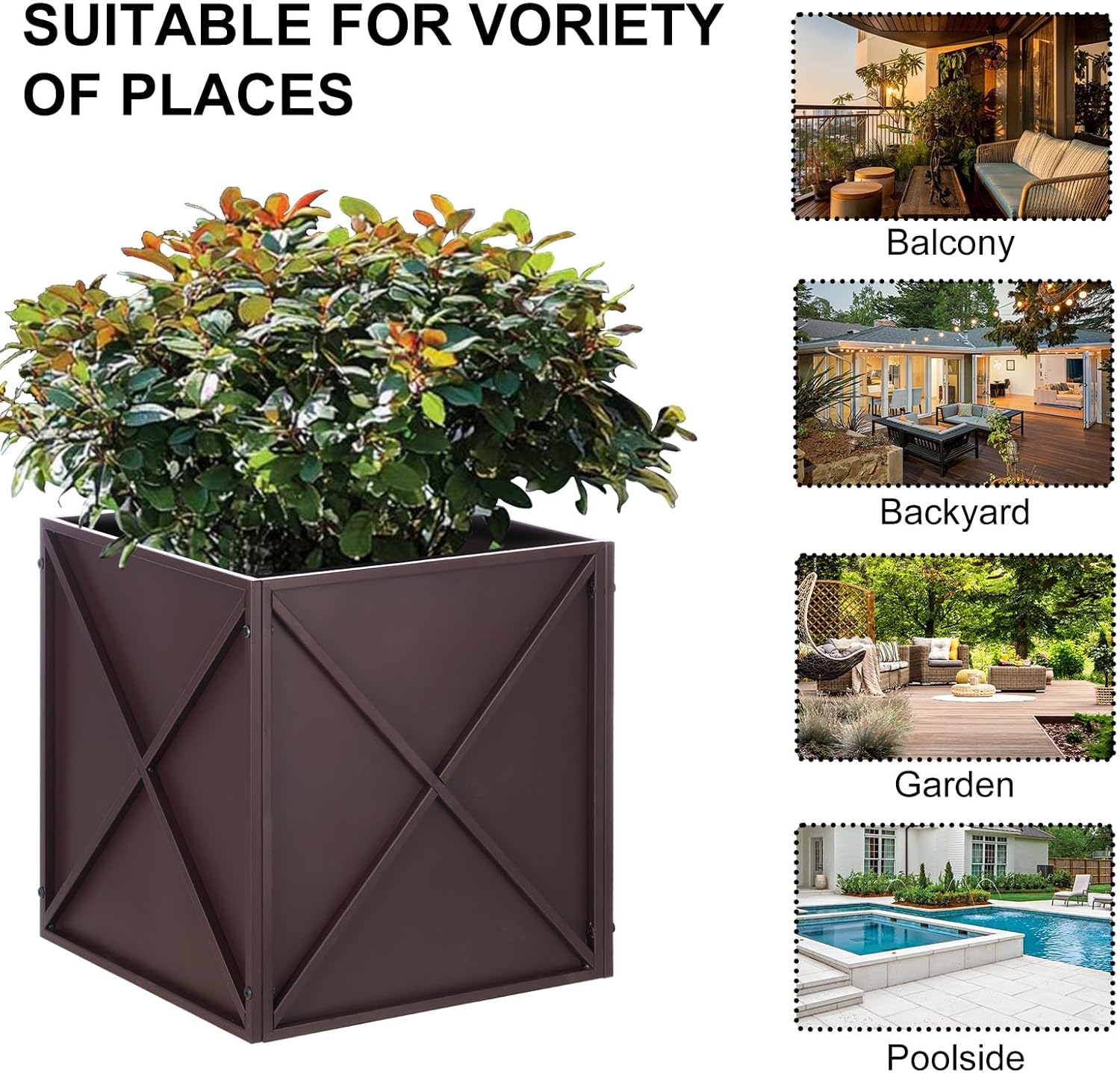 SUNNYPARK Large Metal Planter Box - 17”x17”x18” | Heavy-Duty Modern Brown Design with Drainage Holes for Outdoor Gardens