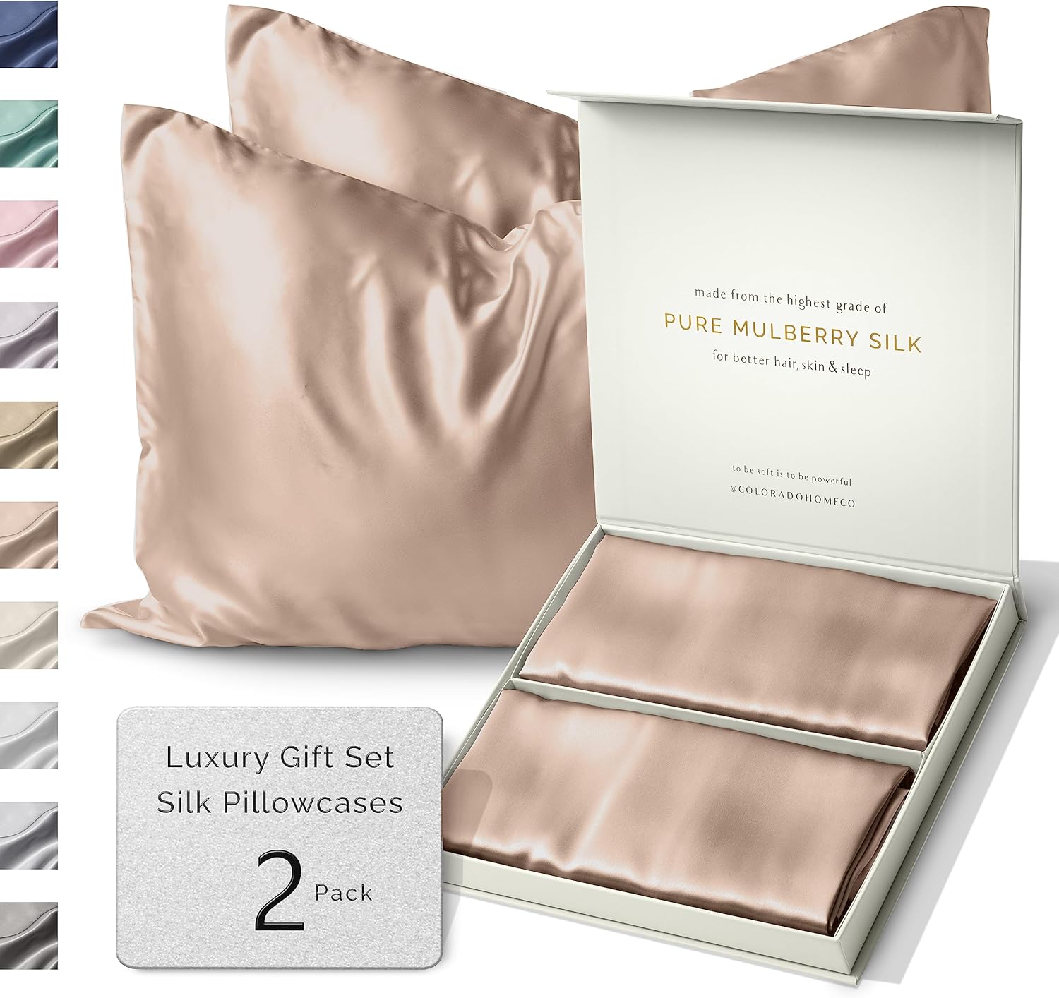 SUNDAYSILKS™ Silk Pillow Cases - 22 Momme Mulberry Silk Set of 2 | 100% Pure Slip Pillowcases for Couples - Standard/Queen/King Size [Nude Champagne]