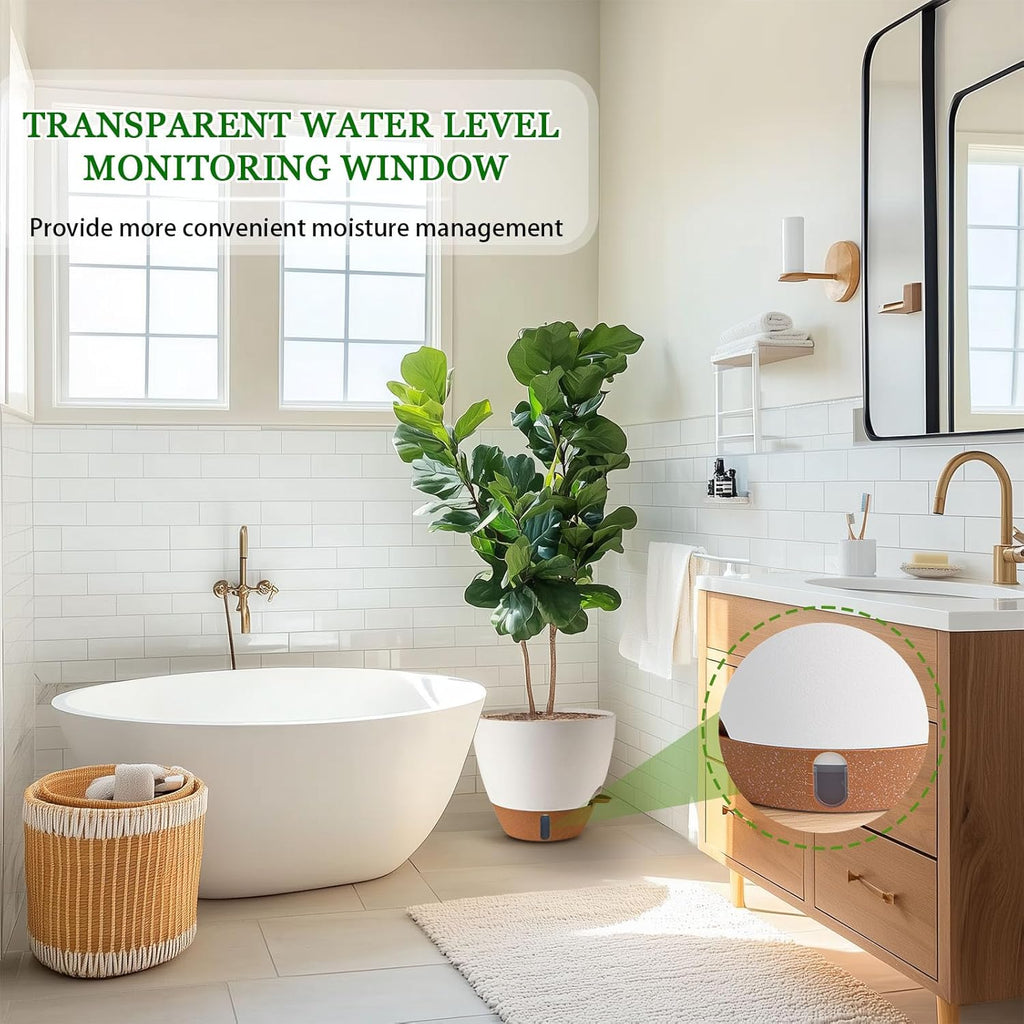 Skiennix Self-Watering Pots - Large 8/10/12 Inch Plastic Planters with Drainage Holes & Water Level Indicator (White)