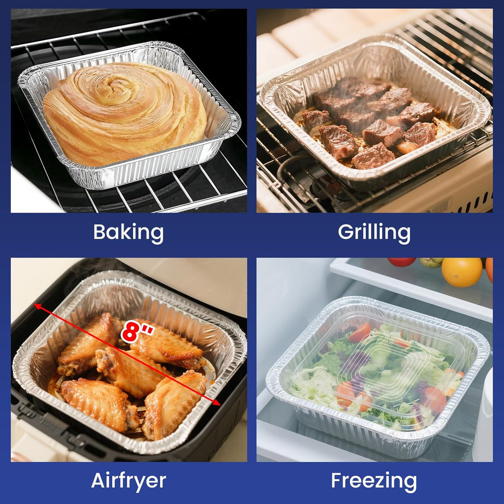 Skiennix 8x8 Aluminum Foil Pans - 40 Pack Disposable Baking Containers with Clear Lids | Perfect for Air Fryers