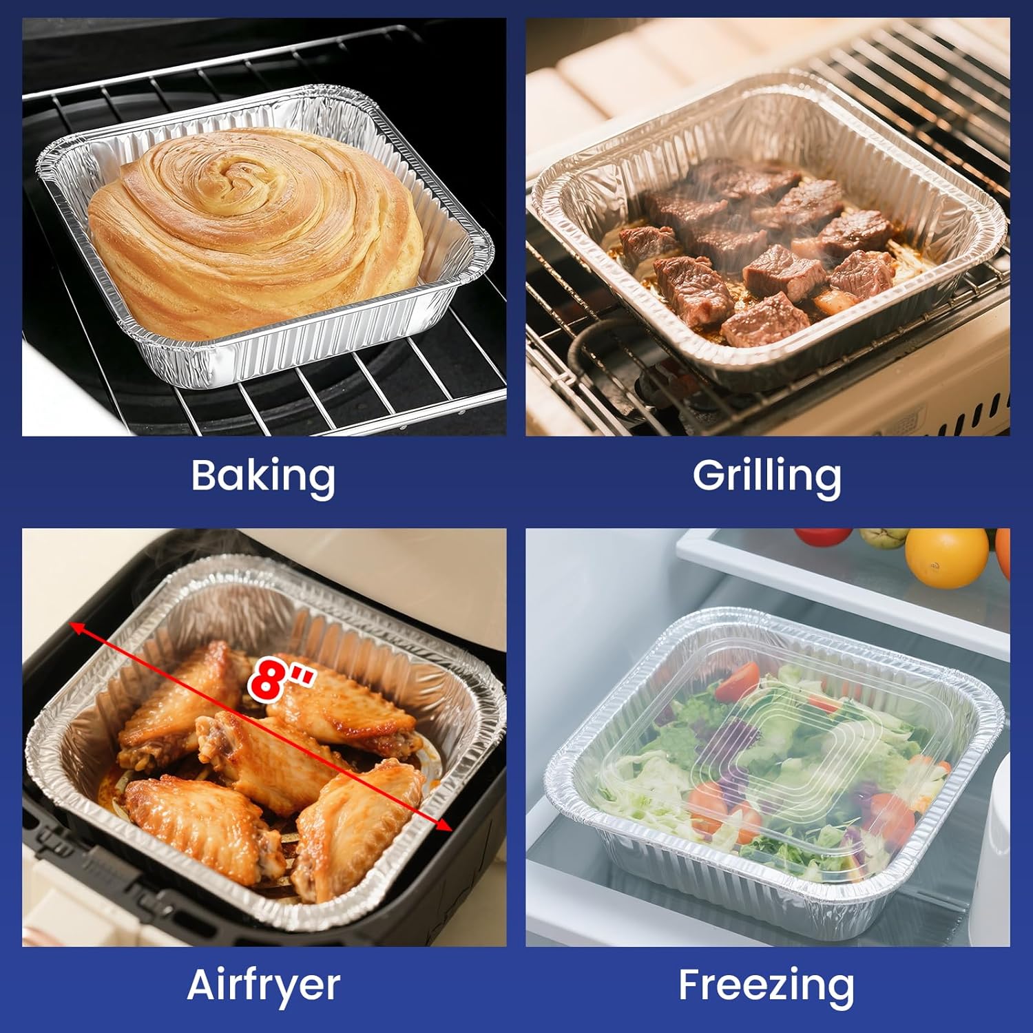 Skiennix 8x8 Aluminum Foil Pans - 40 Pack Disposable Baking Containers with Clear Lids | Perfect for Air Fryers