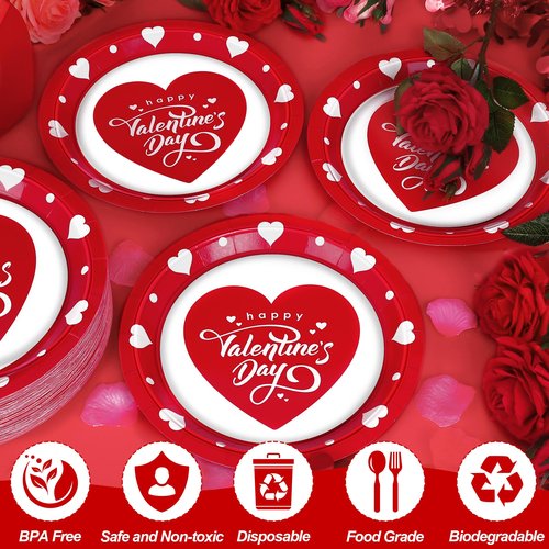 QZYL 50 PCS Valentines Plates, Disposable Round Heart Plate, 9" Paper Happy Valentine Day Design Red Heart Plates Love Plate, Love Valentines Decorations for Party Wedding Birthday Anniversary