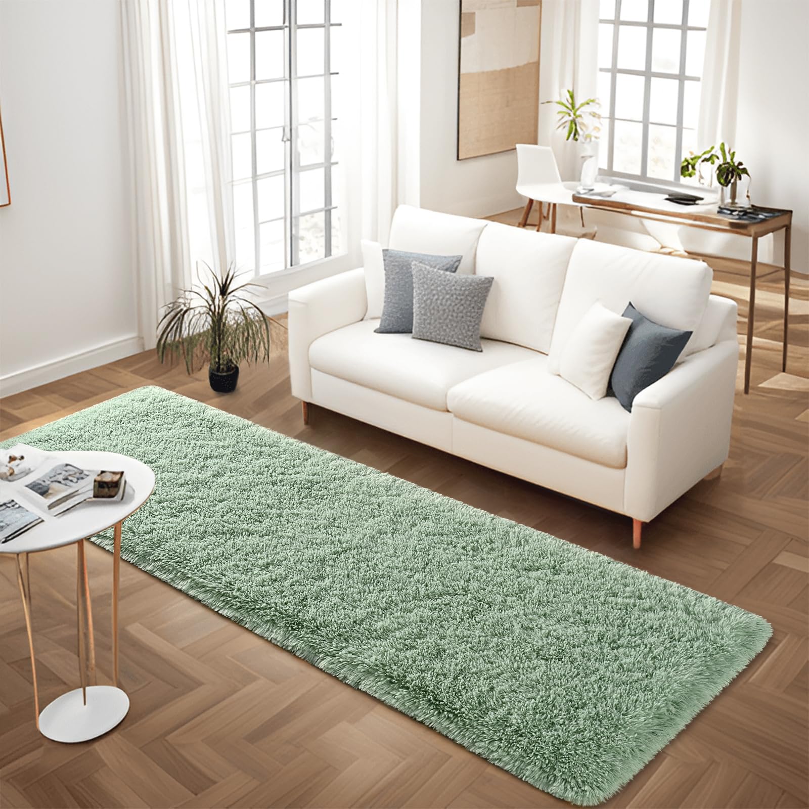 FALARK Soft Green Runner Rugs for Bedroom, 2x6 ft Bedside Rug Plush Fluffy Carpets, Shag Furry Modern Area Rug Carpet for Living Room Girls Kids Room Nursery Home Decor, Green