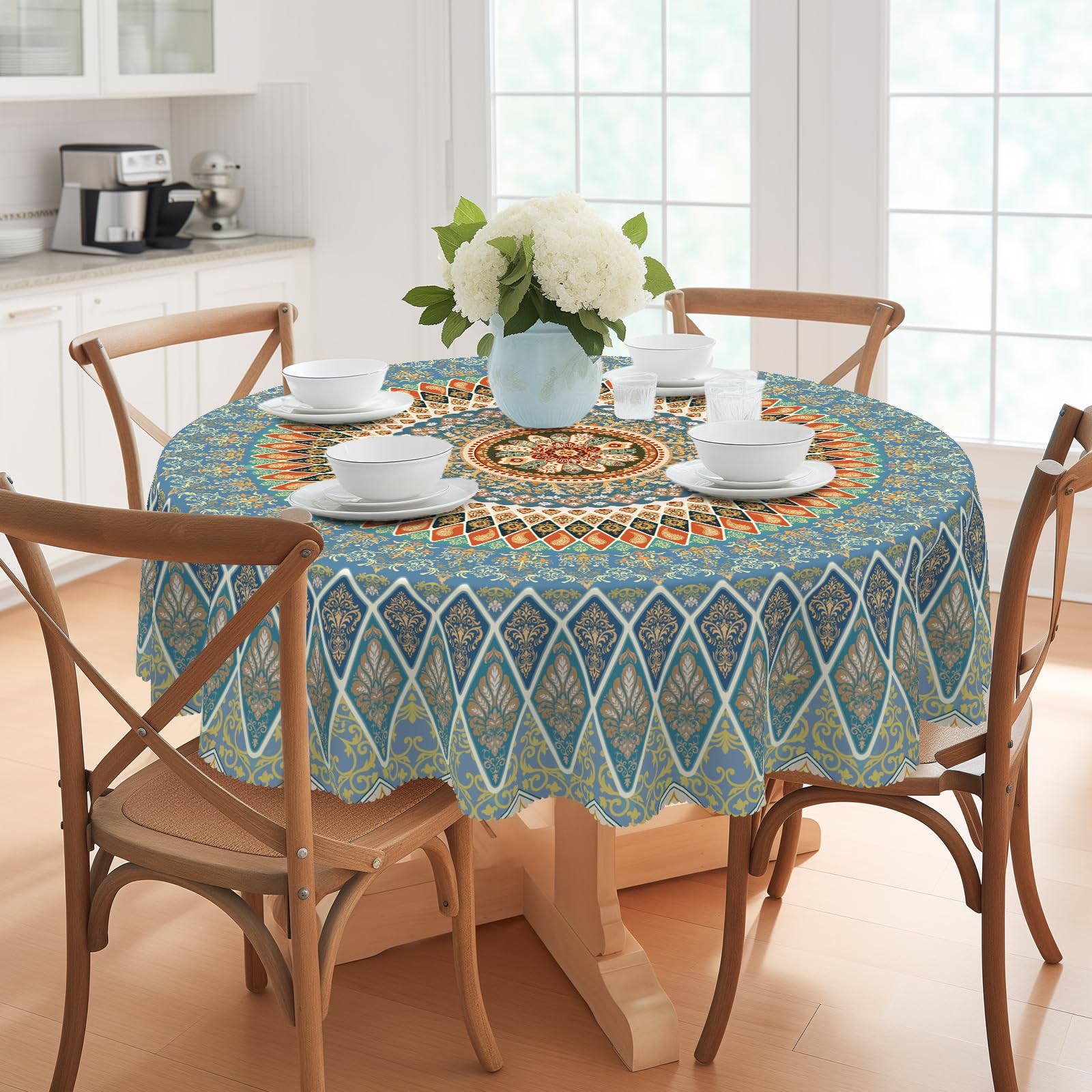 Eikione Bohemia Round Tablecloth,Tablecloth Waterproof and Wrinkle-Free, Boho Table Covers, Summer Decorations for Home 60inch