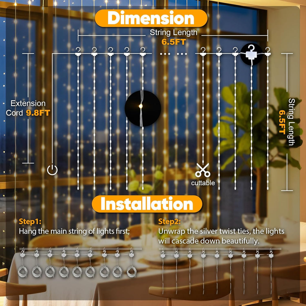 Suddus Tangle-Free Curtain Lights - 200 LED Warm White Hanging Lights | 6.5x6.5ft for Bedroom, Wedding & Party Decor