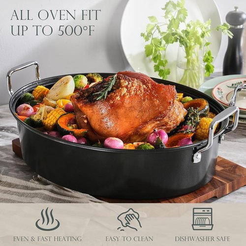 KITESSENSU Extra Large Roasting Pan with Lid - Nonstick Turkey Roaster 18 x 14 Inch | Heavy Duty, Dishwasher Safe, Gray