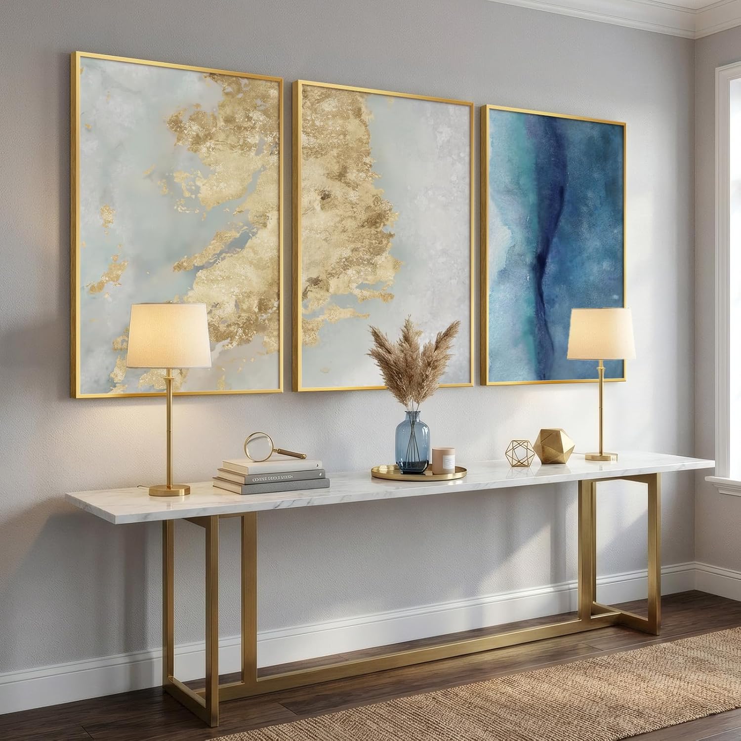 Skiennix Large Framed Abstract Wall Art - Luxury 3 Piece Canvas Set in Blue, White & Gold | Modern Home Decor 24x36 In