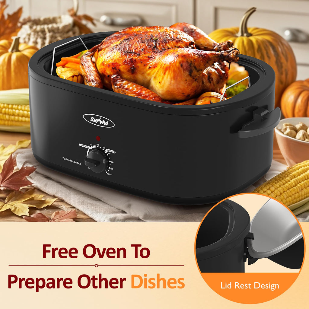 Sunvivi Electric Roaster Oven,28 Quart Roasting Oven with Self-Basting Lid Removable Pan,Turkey Roaster Oven with 150 to 450F Temperature Control Cool-Touch Handles, Black
