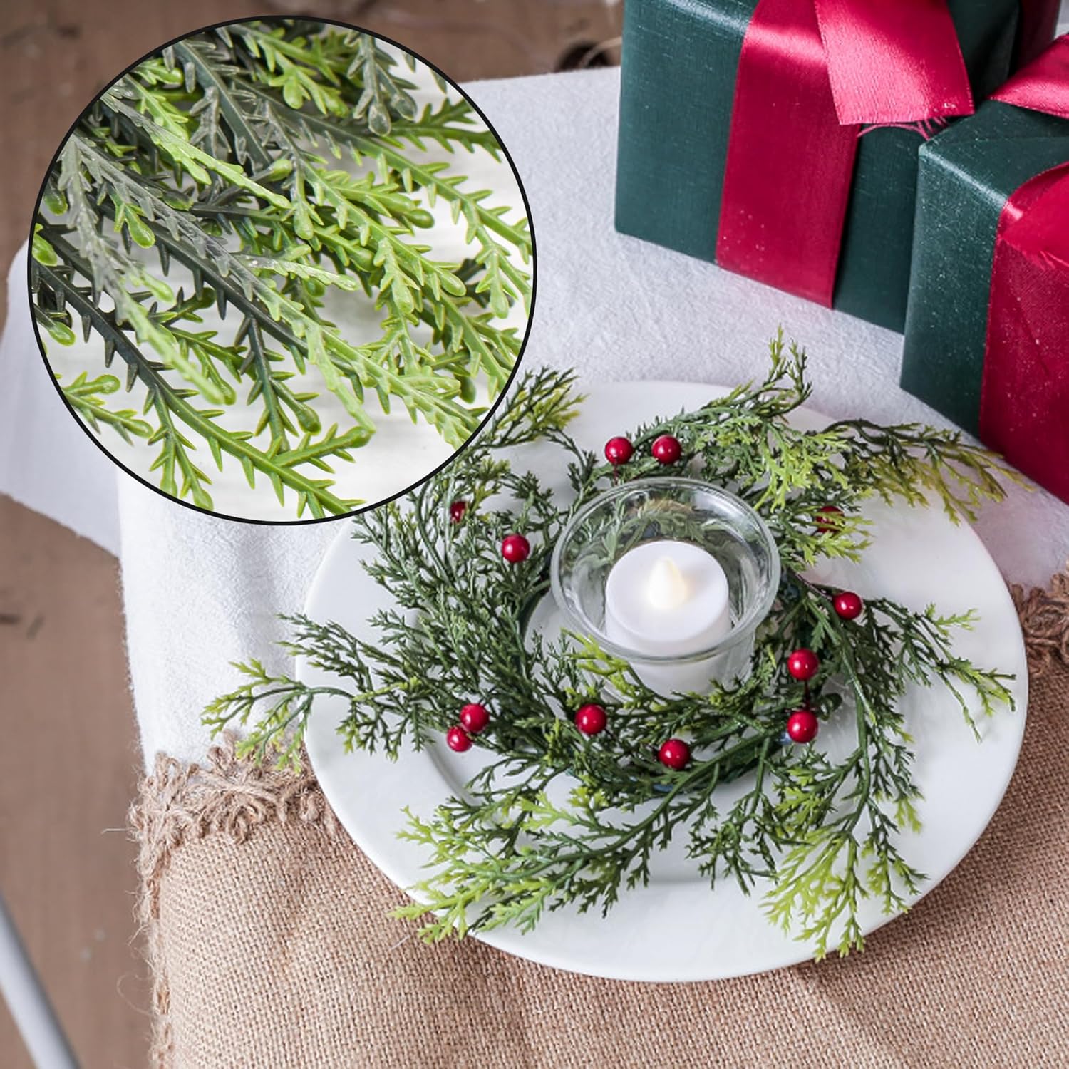 Regine Switzerland Christmas Candle Rings - 4 PCS Artificial Berries & Pine Needles Wreaths for Home Decor