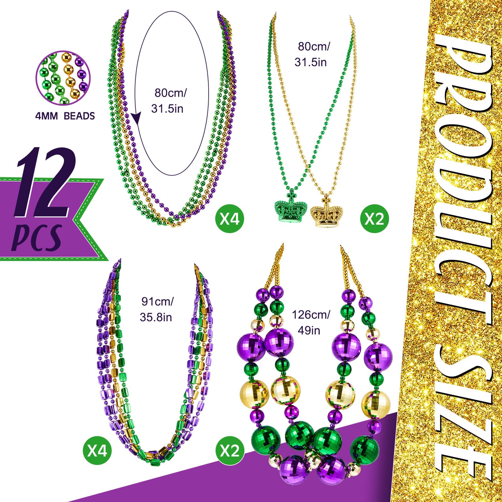 Henoyso 2 Set 50" Jumbo Mardi Gras Beads Necklaces Lighted/unlighted Assorted Costume Necklace Metallic Necklace Party Mardi Gras Decoration for Festival Parades Celebrations Carnival(Luxurious)