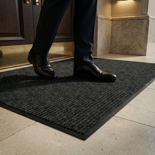 Restaurantware-Comfy Feet 60 x 36 Inch No-Slip Floor Mat, 1 Ribbed Carpet Utility Mat - Indoor and Outdoor, for Homes Or Offices, Black Polyester Fibers Entry Mat, Vinyl Backing, Easy to Clean