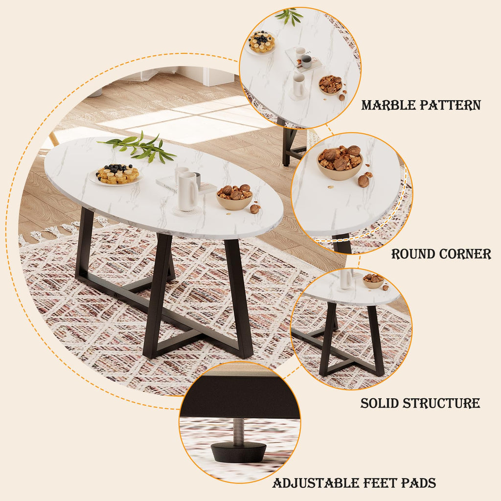 Wolawu Coffee Table Small Oval Table,White Faux Marble Table for Living Room, Modern Center Tea Tables for Small Space,Wooden Tables End Tables with Sturdy Black Metal Leg