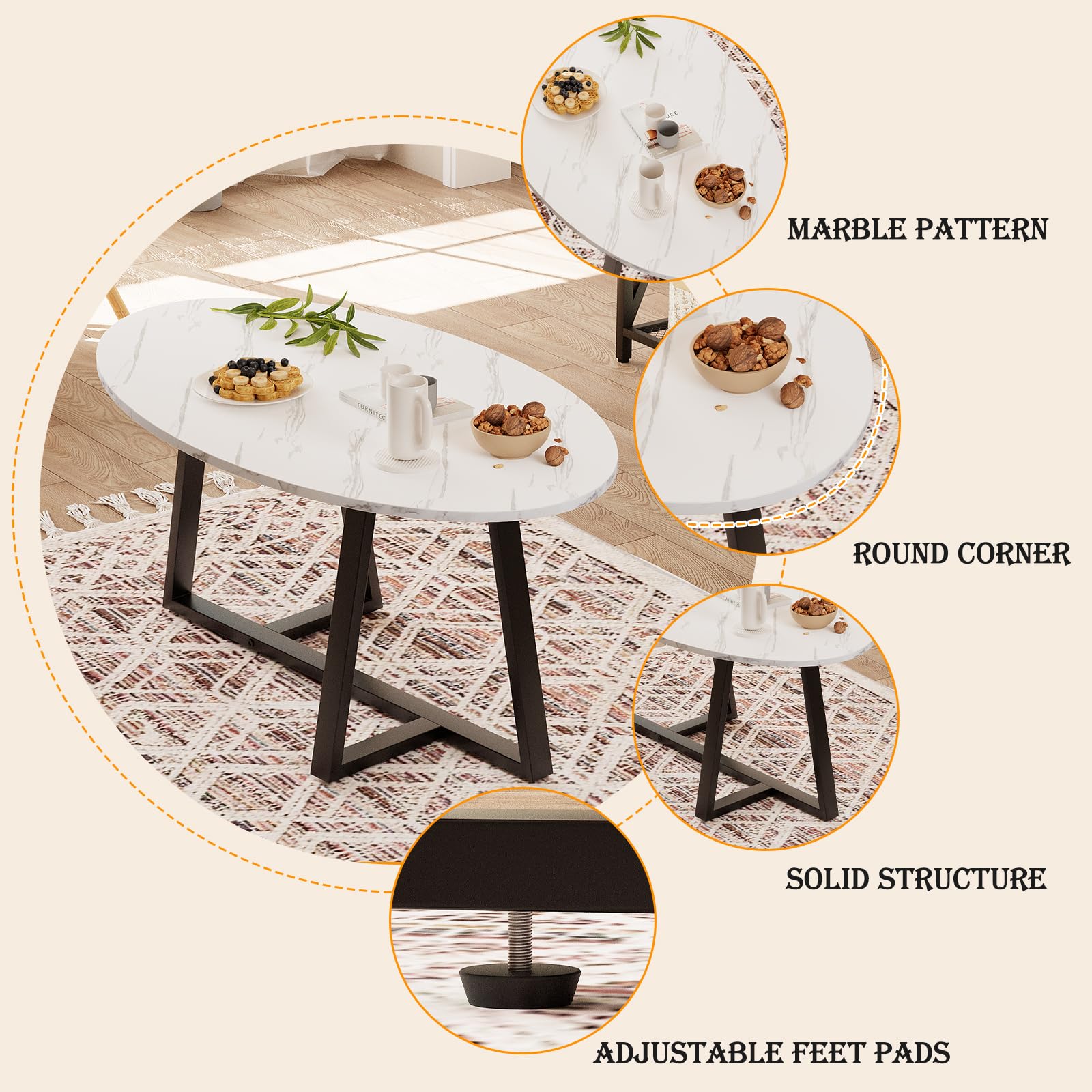 Wolawu Coffee Table Small Oval Table,White Faux Marble Table for Living Room, Modern Center Tea Tables for Small Space,Wooden Tables End Tables with Sturdy Black Metal Leg