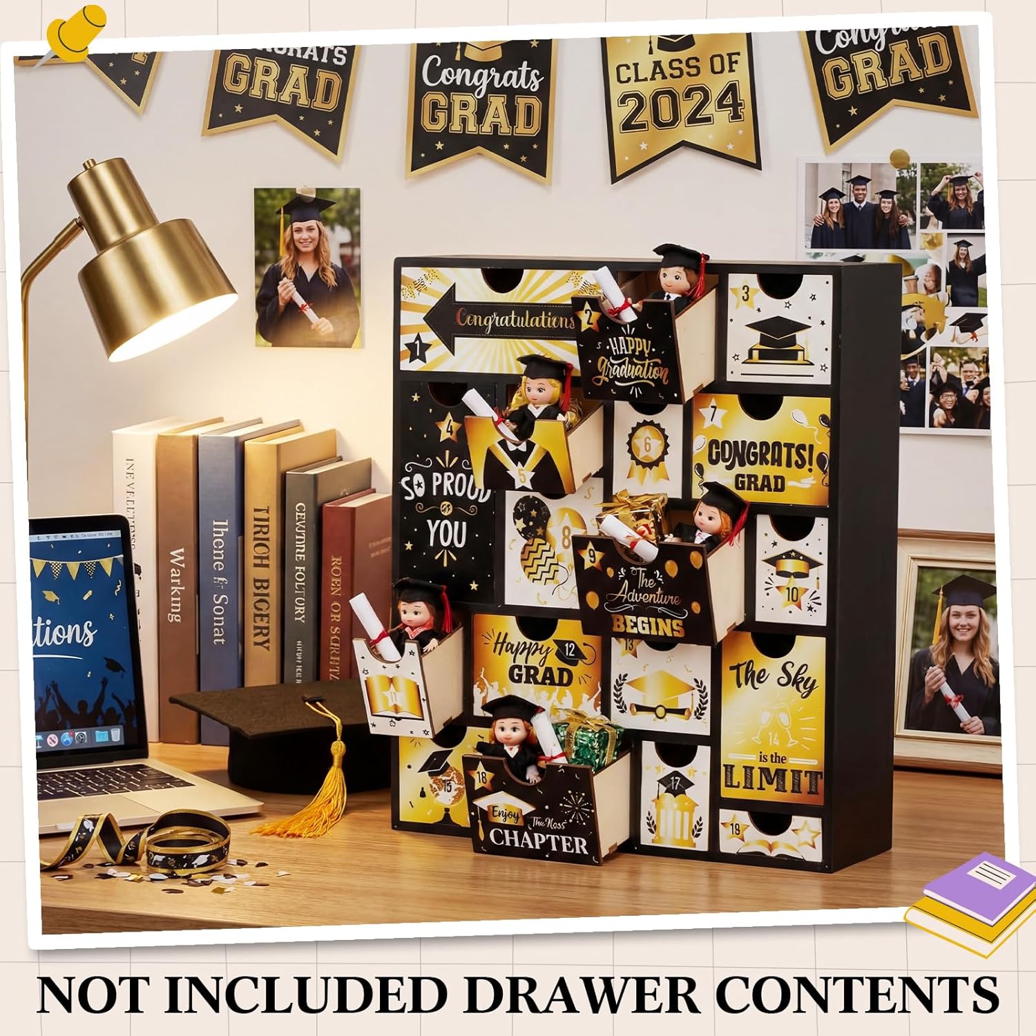 Novabright Graduation Countdown Calendar - 18 Days Fillable Advent Box with 18 Drawers | Black Gold