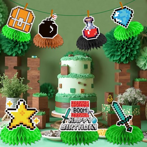 8PCS Pixel Theme Birthday Party Decoration Honeycomb Party Centerpieces for Table Decoration supplies