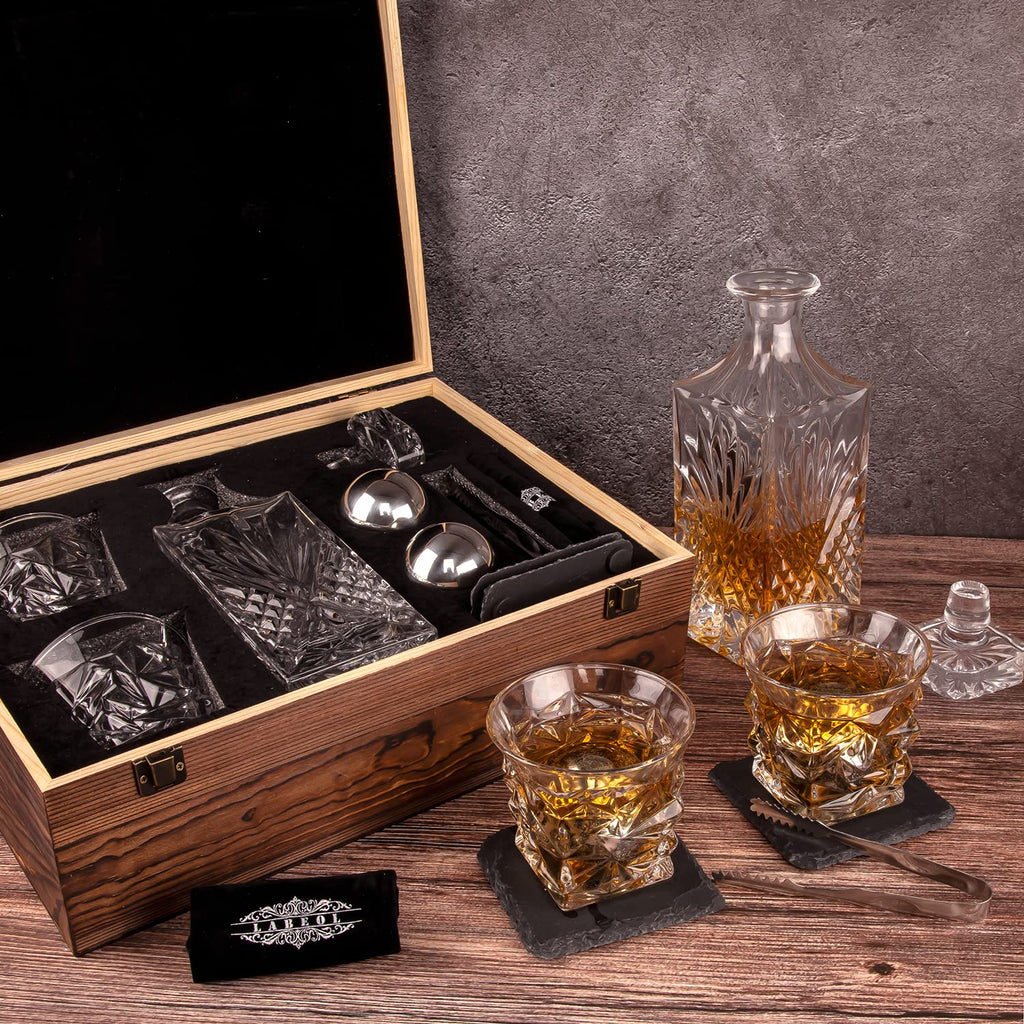 Whiskey Decanter Set, Whiskey Stones Gift Set for Men, Gifts Box with Reusable Stainless Steel Balls, Glasses, Decanter, Slate Coasters and Tongs for Dad, Boyfriend