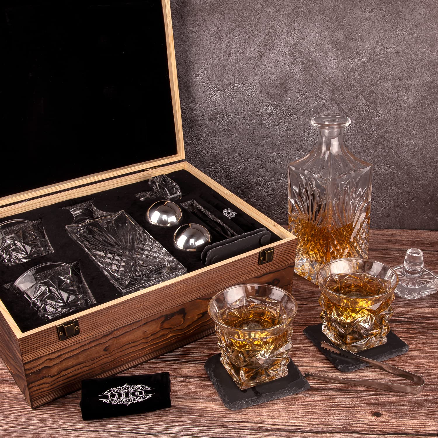 Whiskey Decanter Set, Whiskey Stones Gift Set for Men, Gifts Box with Reusable Stainless Steel Balls, Glasses, Decanter, Slate Coasters and Tongs for Dad, Boyfriend