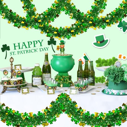 3 Pack Total 49.2 Ft St.Patrick's Day Tinsel Garlands Decorations DIY Shamrocks Wreath for Front Door Irish Leprechaun Hat St.Patrick's Day Decorations Outdoor Indoor Home,16.4Ft by 4.3",Green Gold
