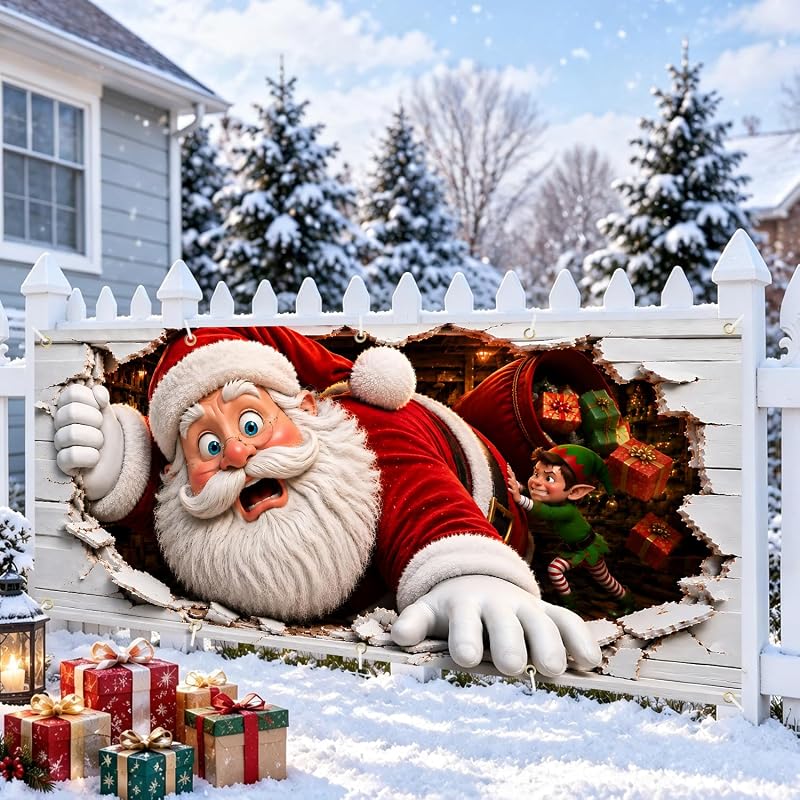 7x16 Ft Christmas Garage Door Banner - 3D Santa Breaking Through, Large Indoor/Outdoor Holiday Backdrop - Variation: Funny Stuck Santa