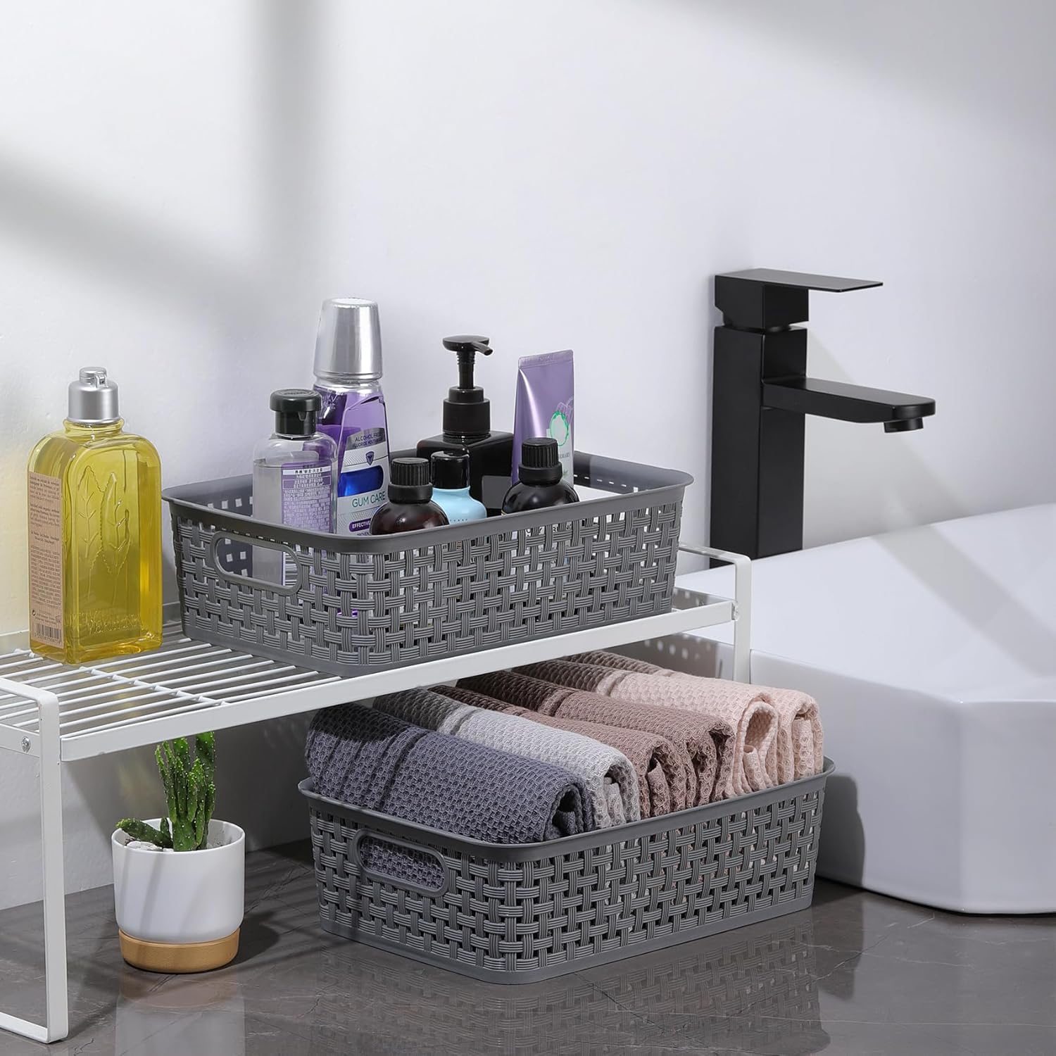 NETANY Plastic Storage Baskets - 8 Pack, Durable & Flexible Gray Organizers for Closets & Shelves