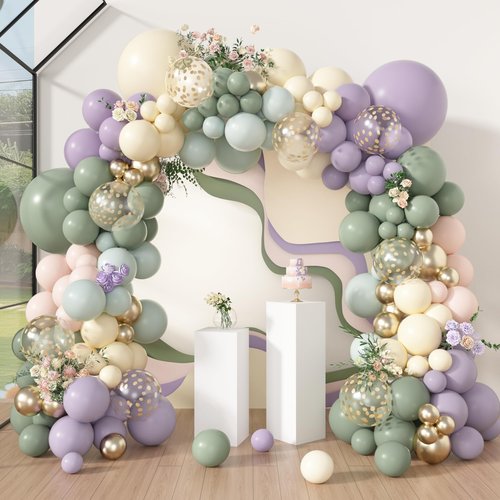 Amandir 173Pcs Dusty Green Purple Pink Balloon Arch Garland Kit, Lavender Pastel Blush Pink Yellow Mist Green Gold Confetti Balloons for Baby Shower Wedding Tea Wildflower Birthday Party Decorations