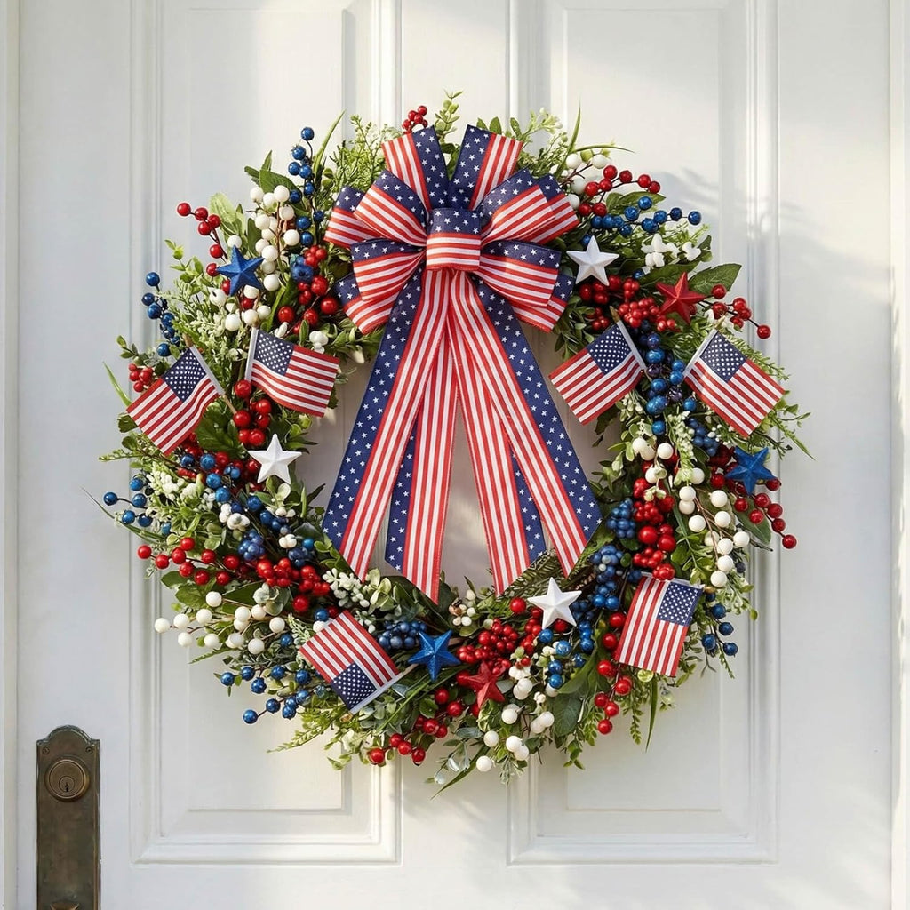 Patriotic Classic Large Red White Blue Bow - 20.87" Wired Edge Pre-Made Flag Bow for Wreaths & Doors